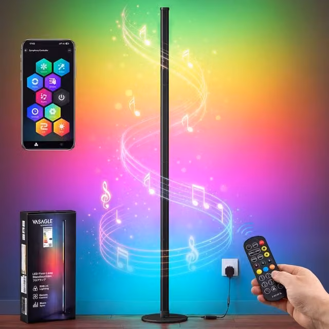 VASAGLE Black LED Floor Lamp with RGB Ambient Light, Remote Control and Timer