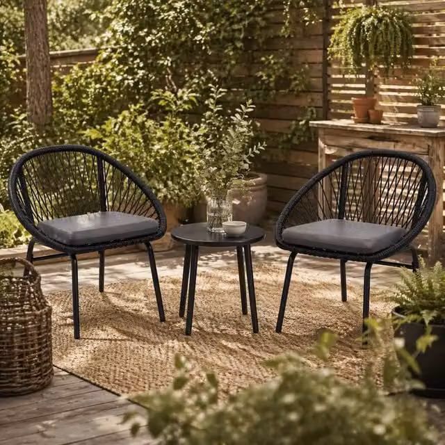 Wyld Haus Lukeno 3 Piece Black Rattan Bistro Set with 2 Chairs and Round Coffee Table – 1