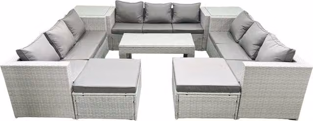 Fimous 11 Seater Rattan Garden Furniture Set in Light Grey with U-Shape Sofa, Oblong Coffee Table, 2 Footstools and 2 Side Tables