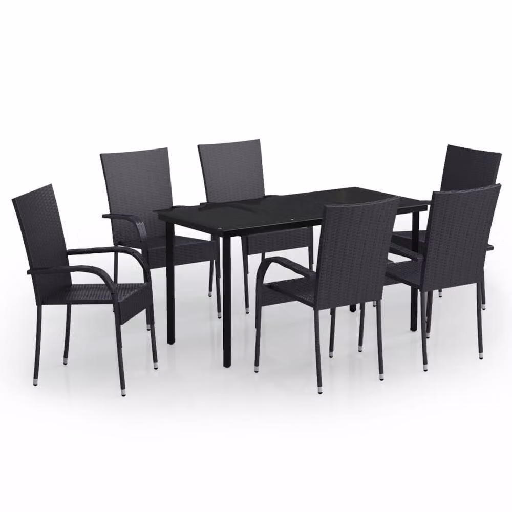 Berkfield Home 7 Piece Outdoor Dining Set in Black Rattan and Metal with Glass Top – 2
