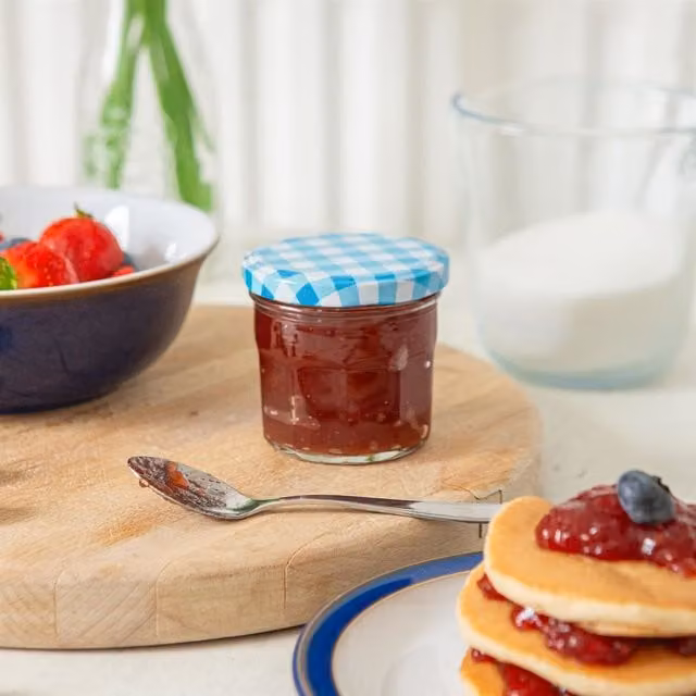 Argon Tableware Blue and White Checked Glass Jam Jars with Metal Screw Lids, 130 ml, Pack of 6