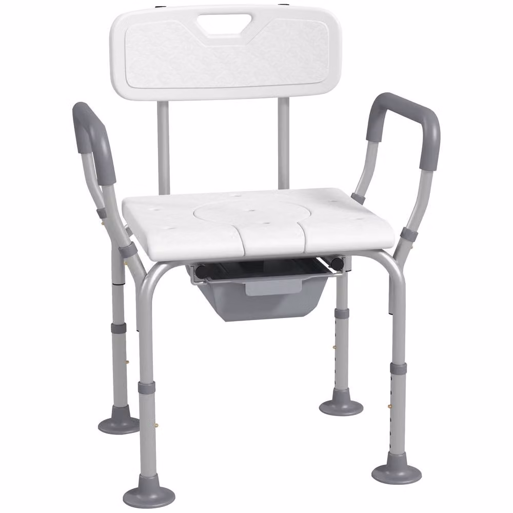 HOMCOM 3 in 1 Height Adjustable Shower Chair with Back and Arms in White – 2