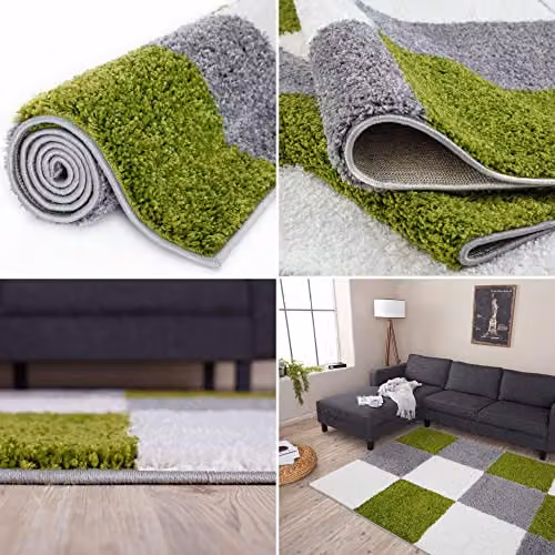 THE RUGS Modern Geometric Shaggy Area Rug in Green and Grey, W/D/H: 180 x 270 x 1 cm – 5