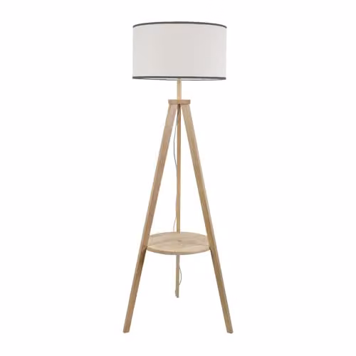 ValueLights Natural Wood Tripod Floor Lamp with Black and White Fabric Cylinder Shade