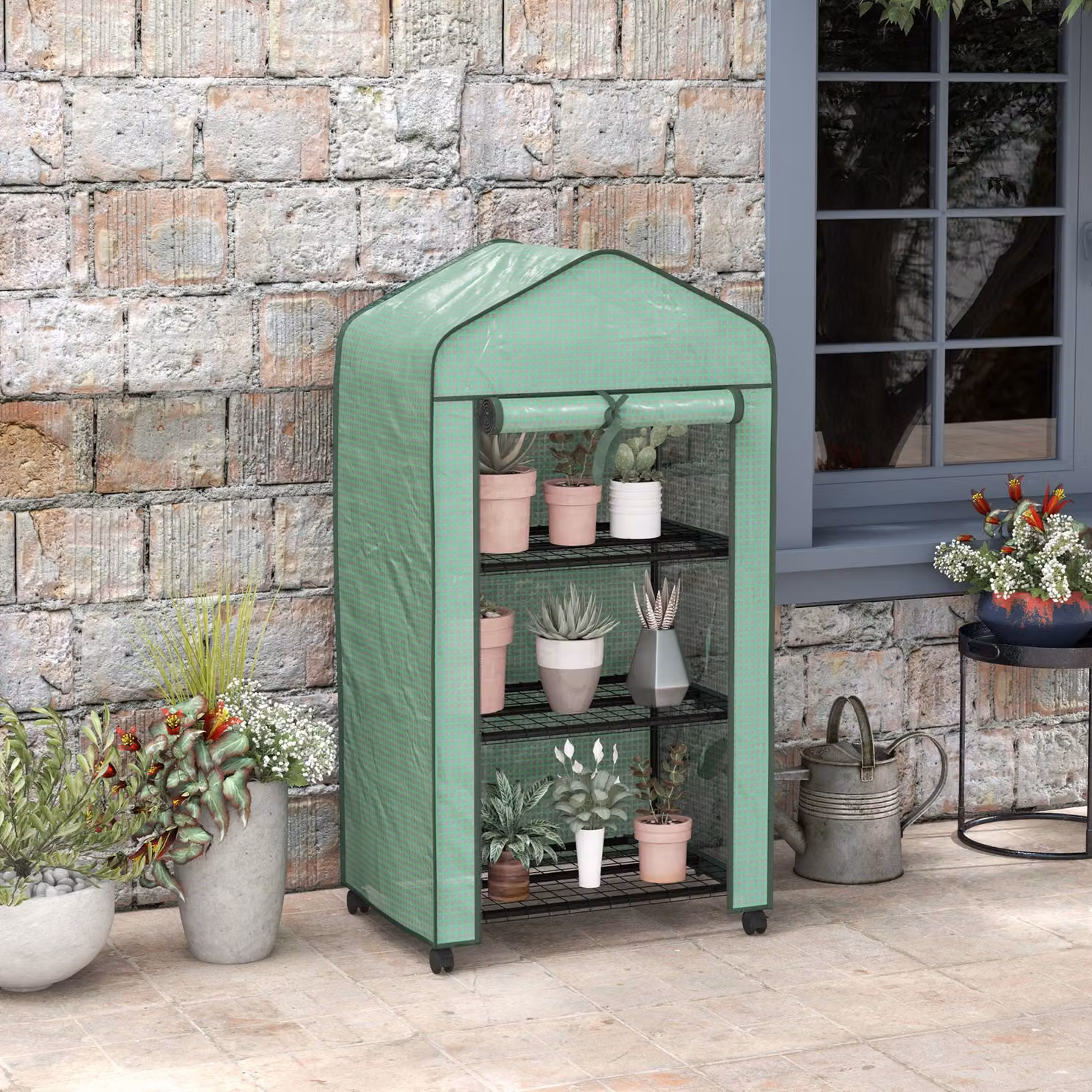 Outsunny Three-Tier Mini Freestanding Greenhouse in Green with Steel and Plastic Shelving – 2