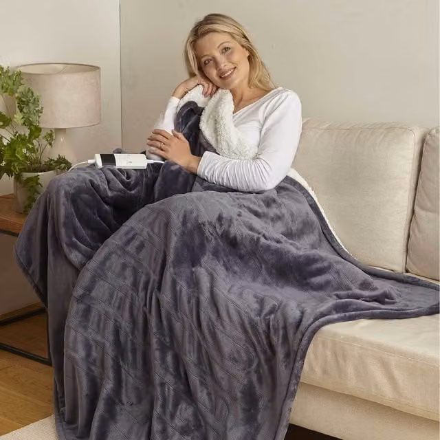 HomeSpace Direct Grey Fleece and Sherpa Heated Blanket with Auto Shut-Off