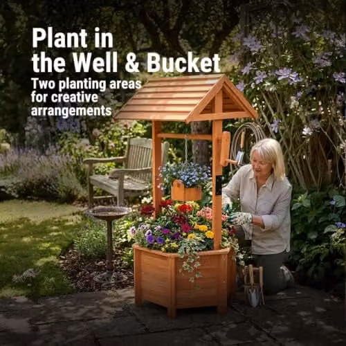 Gr8 Garden Wooden Wishing Well Bucket Planter in Brown, W/D/H: 84 x 41 x 41 cm – 3