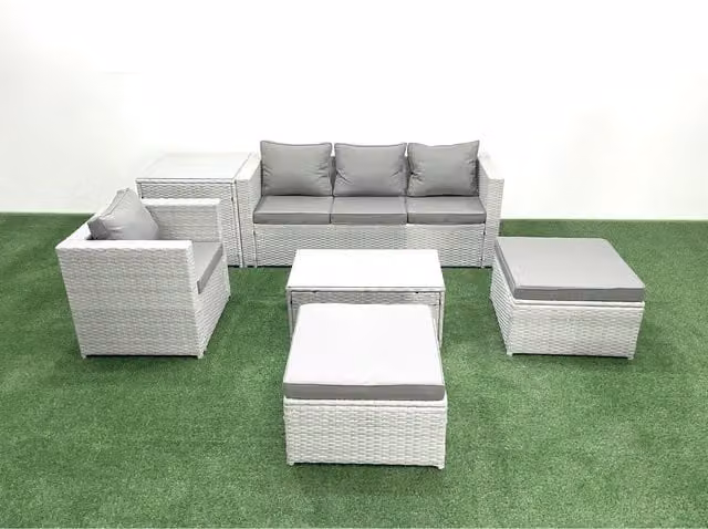 Fimous 6-Piece Mixed Rattan Garden Furniture Set in Light Grey with Dark Grey Upholstered Cushions