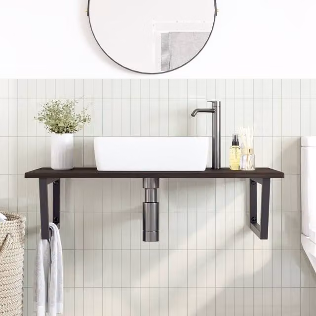 Berkfield Home Elegant Wall Mounted Industrial Basin Shelf in Brown Oak and Black Steel, W/D/H: 60 x 60 x 60 cm – 1