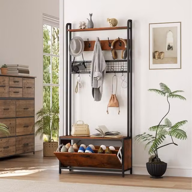 HOMCOM 5-in-1 Hall Tree with Shoe Storage Bench and 10 Hooks, Rustic Brown