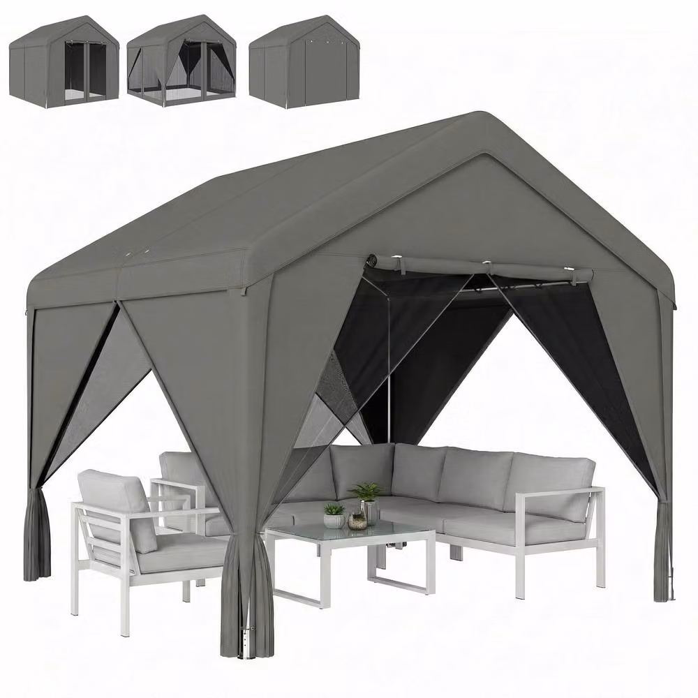 OUTSUNNY Dark Grey Outdoor Patio Gazebo with Netting and Curtains, W: 300 cm, D: 300 cm, H: 278 cm – 2