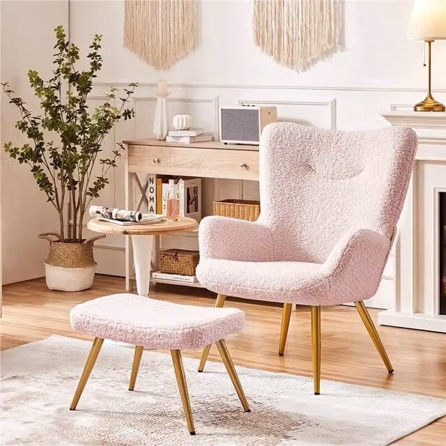 Yaheetech Pink Bouclé Accent Chair and Ottoman Set with Metal Frame