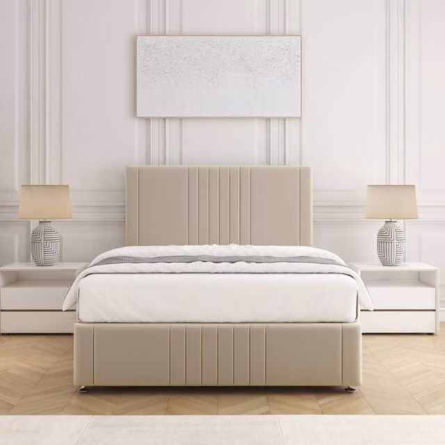 BSSPOKE Hazel Divan Bed Set with 24 inch Headboard and Mattress in Beige Plush Velvet, W/D/H: 140 x 200 cm