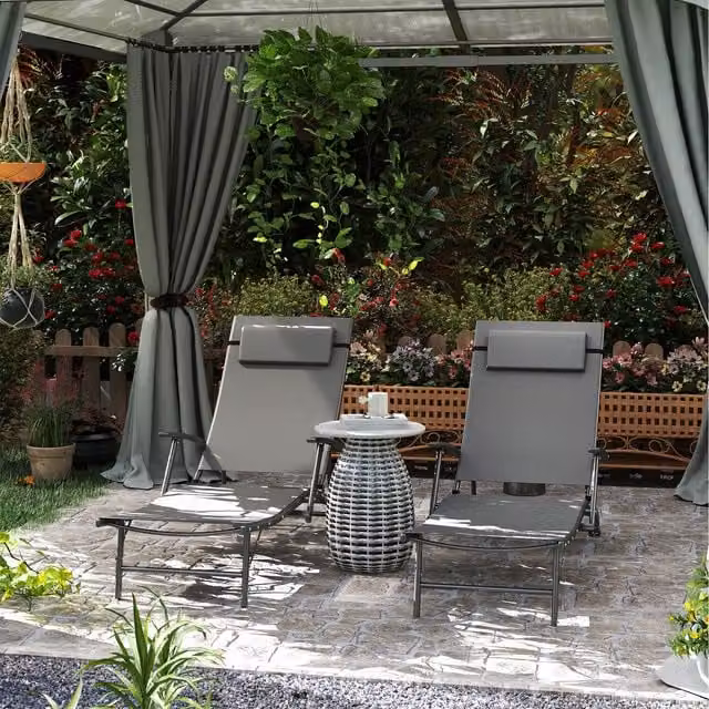 Outsunny Set of 2 Grey Textilene Outdoor Folding Sun Loungers with Adjustable Headrests