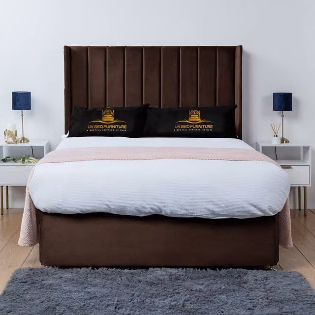 UK Bed Furniture Bella Wingback Divan Bed Base with 54 Inch Headboard in Brown Velvet Fabric, W/D: 90 x 200 cm