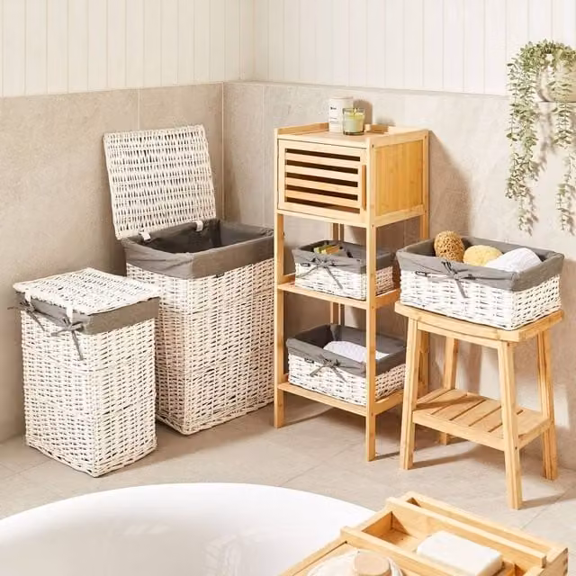 Wyld and Coco Set of 5 White Willow Laundry Baskets with Grey Lining