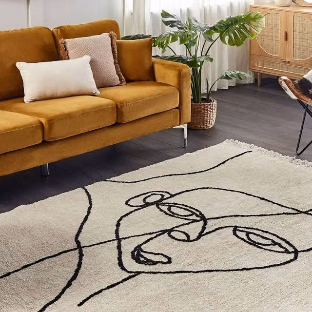 Wyld and Coco Beige and Black Boho Cotton Area Rug with Fringes, W: 160 cm, L: 230 cm – 1