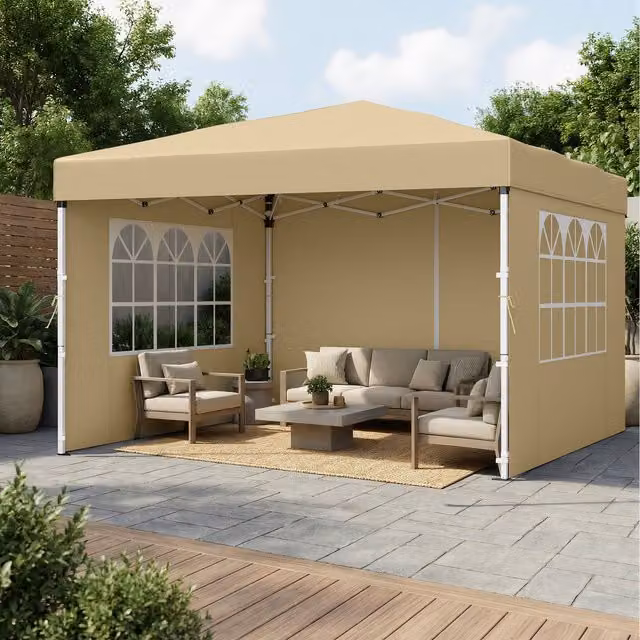 SONGMICS Portable Folding Sun Protection Tent with Side Walls, Beige and White, UPF 50+, W: 300 cm, D: 300 cm, H: 258 cm