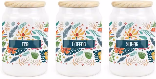 Purely Home Tropical Floral Ceramic Tea, Coffee and Sugar Canister Set in Green and White