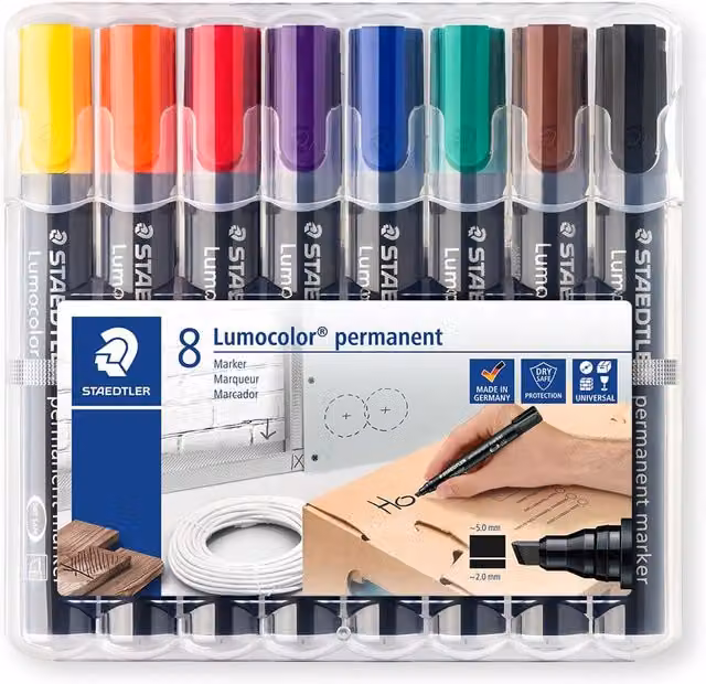 STAEDTLER Lumocolor Permanent Chisel Tip Markers, Multi-colour, Pack of 8