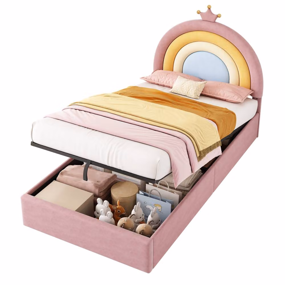 Rolipo Pink Velvet Single Bed with Rainbow Headboard and Hydraulic Storage, W/D/H: 140 x 200 cm – 2