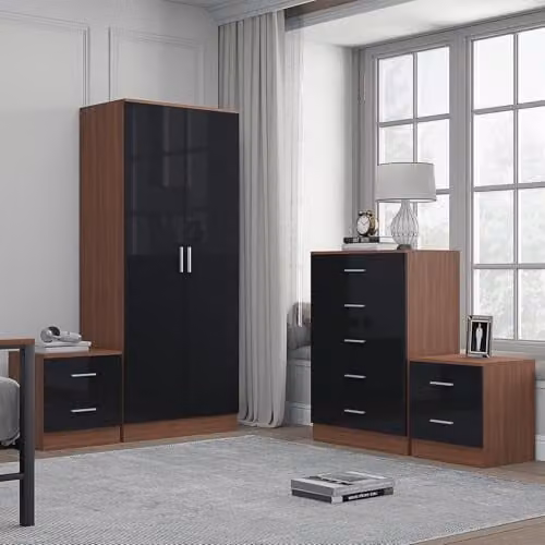 Reflect Modern Bedroom Furniture Set in Black Gloss and Walnut Finish featuring 2 Door Wardrobe, 5 Drawer Tallboy Chest and 2 Bedside Tables – 1