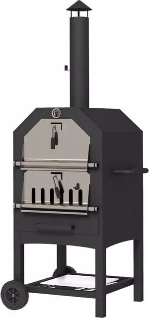 Outsunny 3-Tier Steel Charcoal Pizza Oven and BBQ Grill with Thermometer and Wheels, Black, H 158 x W 66 x D 45 cm
