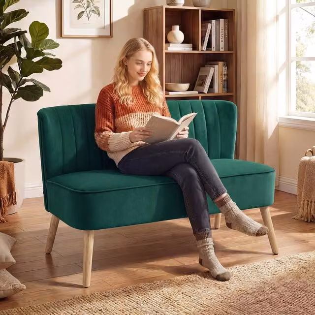 HOMCOM 2 Seater Velvet Loveseat Sofa in Dark Green, Width: 117 cm