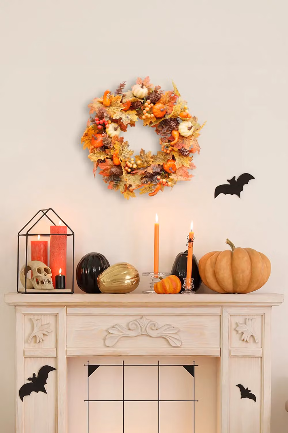 Living and Home Orange Autumn Harvest Wreath with Mini and Curved Pumpkins, Maple Leaves, Pinecones and Berries, Diameter: 50 cm – 2