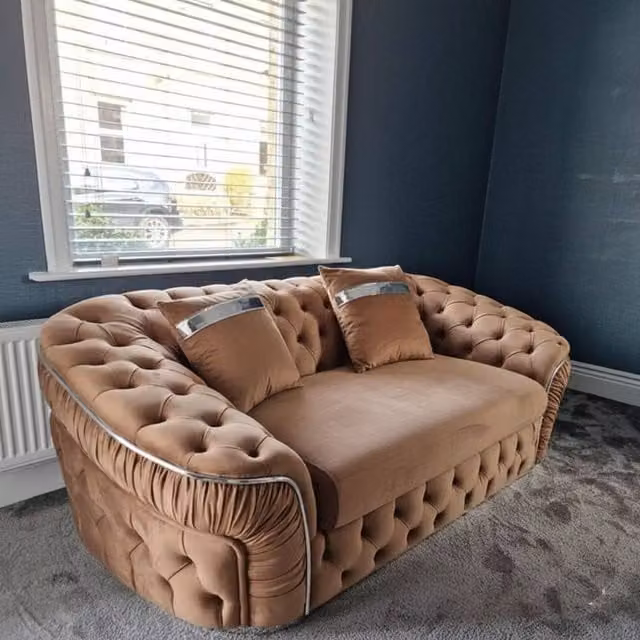 Stratus Interiors Ambassador Chesterfield 2 Seater Sofa in Medium Beige Plush Velvet with Silver Trim – 1