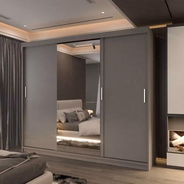 Sliding Wardrobes 4U Large Modern Grey Mirror Sliding Wardrobe with Integrated LED Lighting W: 250 cm, H: 217 cm