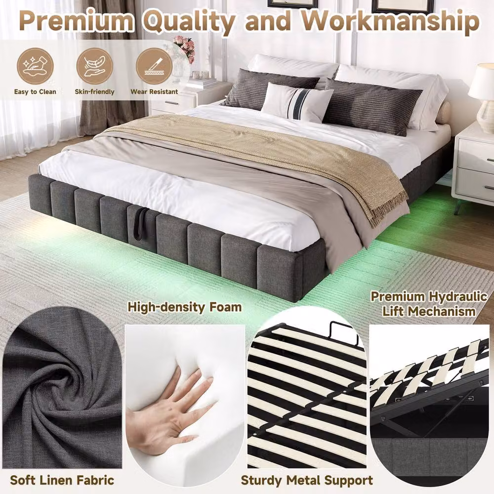 ModernLuxe Grey Upholstered Double Bed with Ottoman Storage and LED Under-Bed Lighting, W/D/H: 140 x 200 cm – 6