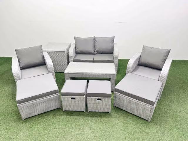 Fimous PE Wicker Rattan Garden Furniture Set with Love Sofa and Coffee Table in Light Grey