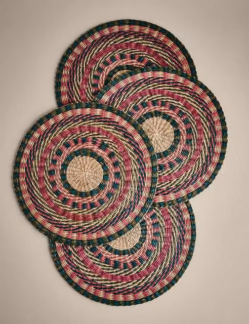 M&S Set of 4 Round Striped Seagrass Placemats in Pink Multicolour