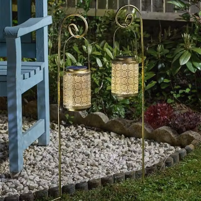Garden Mile Set of 2 Moroccan Silhouette Solar Lantern Stake Lights in Gold/Brass with Warm White LED