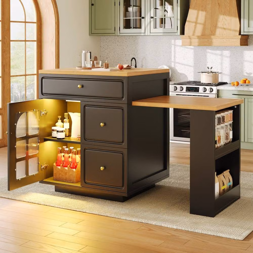 Rolipo Extendable Kitchen Island Bar Table with Storage, Glass Doors and Integrated LED Light in Matt Black – 4