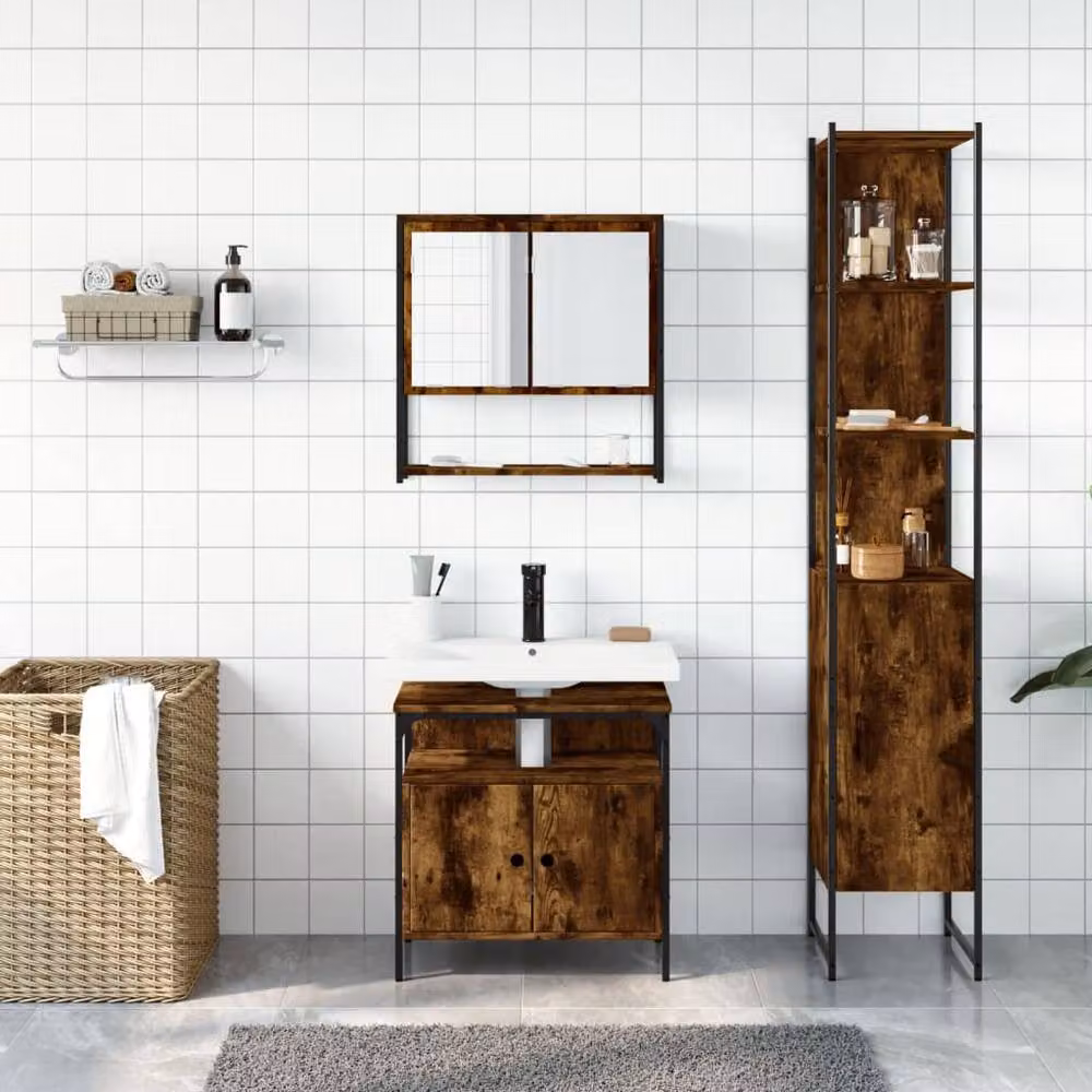 Berkfield Home 3 Piece Industrial Bathroom Furniture Set in Smoked Oak Brown – 2