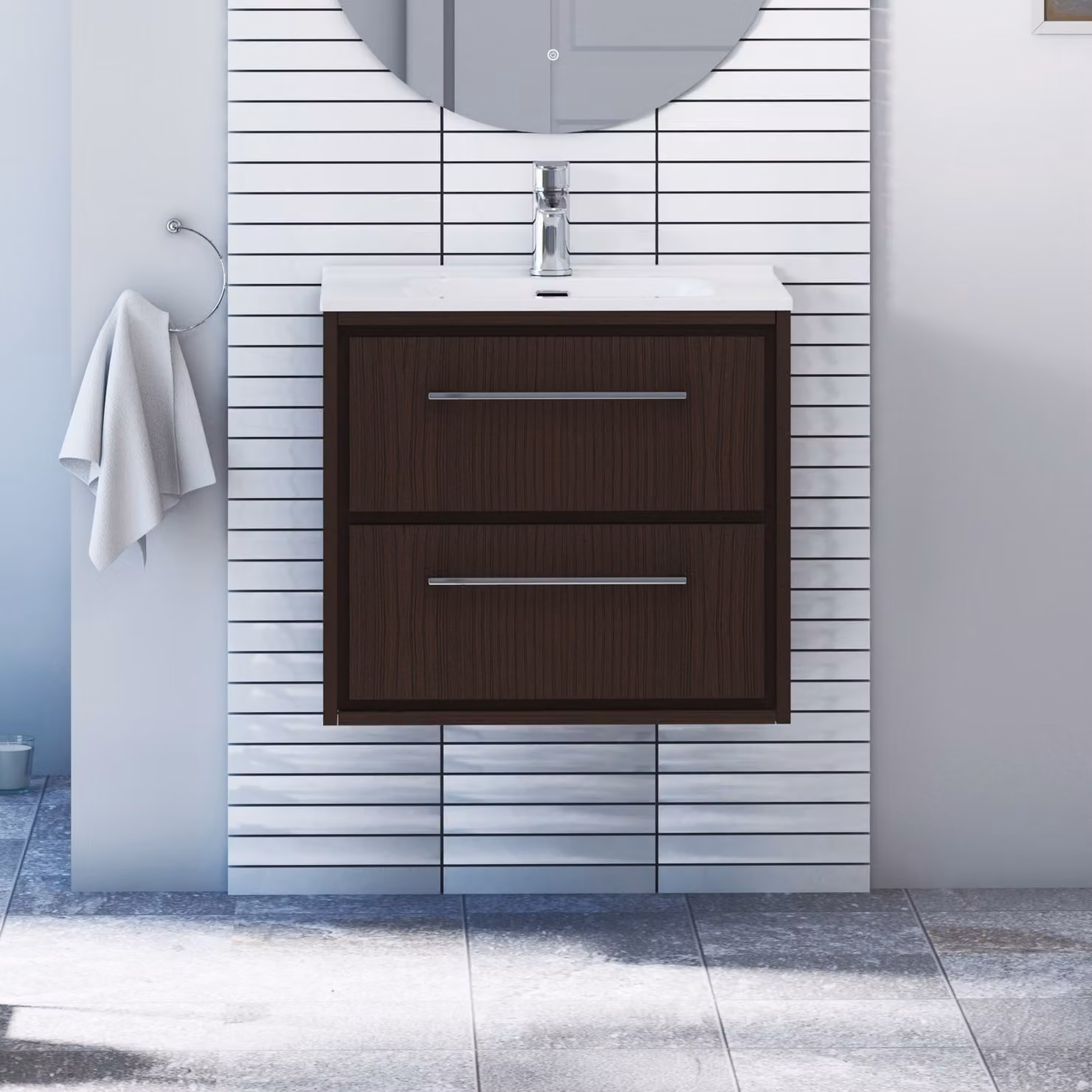 Royal Bathrooms Livora Wall Hung Vanity Unit with 2 Drawers and Ceramic Basin, Walnut Woodgrain, Width: 60 cm