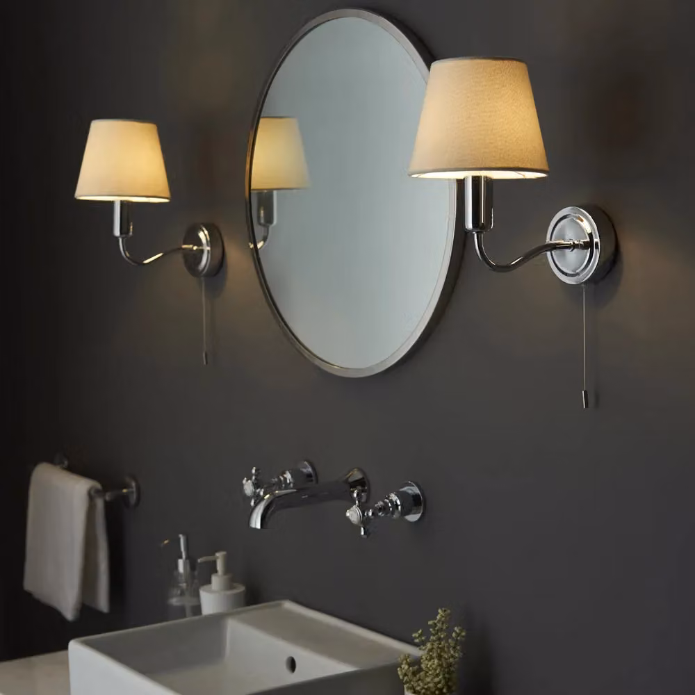 Loops Modern Bathroom Wall Light Fitting with Beige Fabric Shade and Chrome Finish – 3