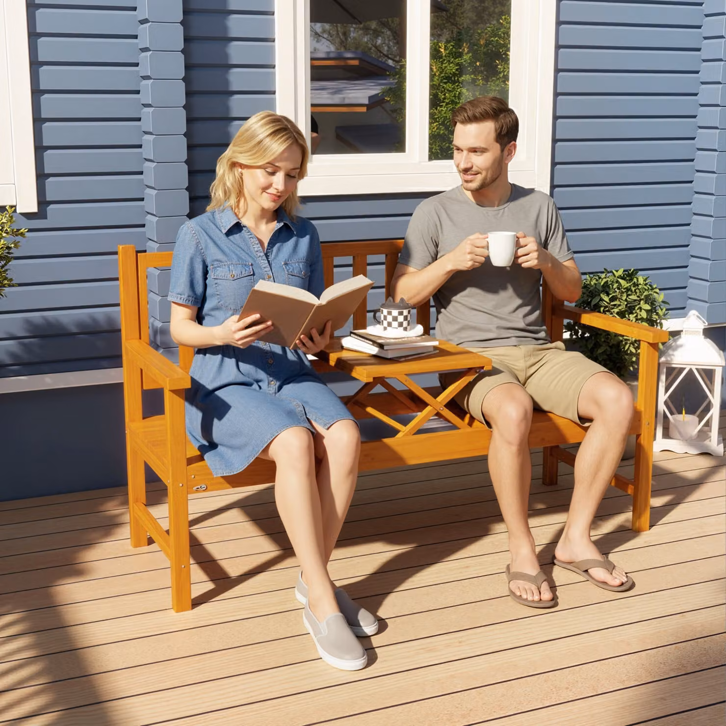 Outsunny Rustic Brown Wooden Garden Bench with Liftable Middle Table and Armrests – 2
