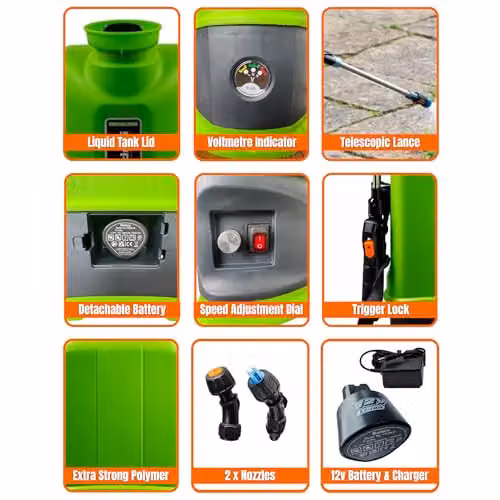 Pro-Kleen Cordless Battery Powered Knapsack Sprayer, 5L Green and Black Backpack Sprayer with 12V Rechargeable Battery, 80 PSI, 2 Nozzles and 38.1 inch Telescopic Wand for Garden and Lawn Care – 5