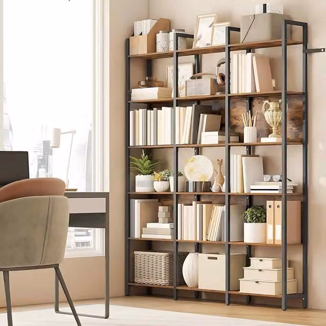 The Bazaarist 6 Tier Industrial Bookcase with Adjustable Shelves in Rustic Brown and Ink Black