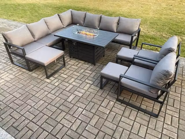 Fimous Aluminium Lounge Corner Sofa Garden Furniture Set with Gas Fire Pit Dining Table, 2 Chairs and 3 Footstools in Dark Grey