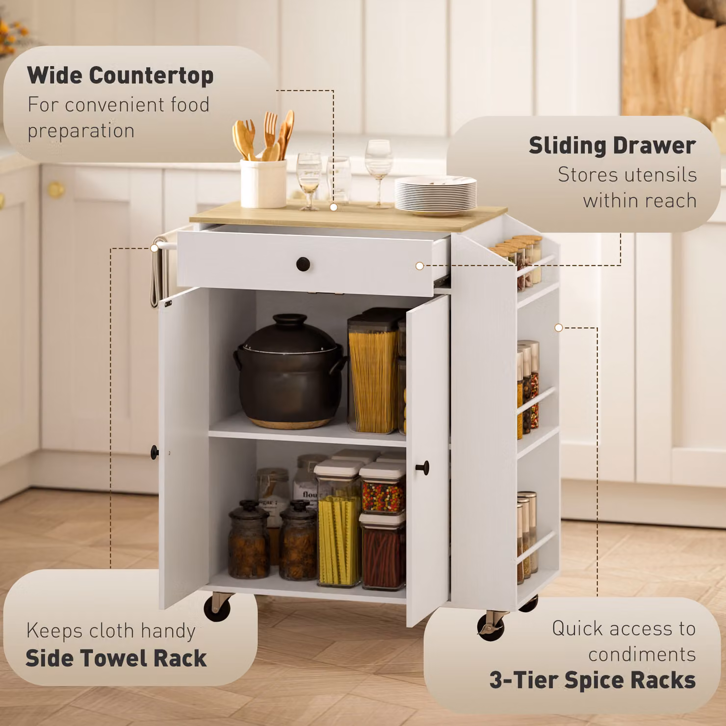 HOMCOM Rolling Kitchen Island with 3-Tier Spice Rack and Drawer in White – 3