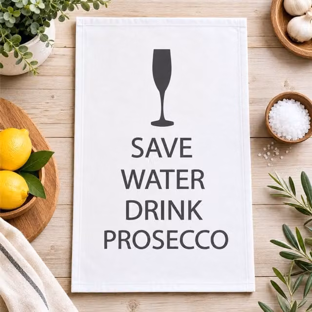 60 Second Makeover Save Water Drink Prosecco White Tea Cotton Towel in Grey and White