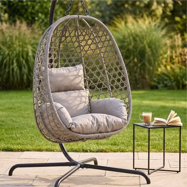 JSH Modern Rattan Egg Swing Chair with Cushions in Light Grey, H 195 x W 105 x D 105 cm