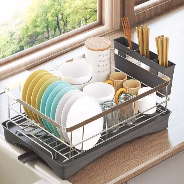 Toque Stainless Steel Dish Drainer Rack with Cutlery Holder and Drip Tray in Black