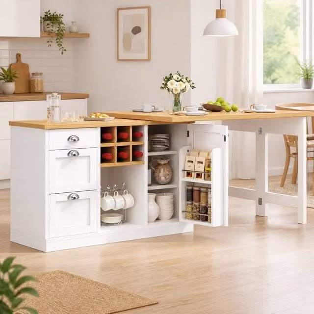 STILVORA Extendable Dining Table with 3 Drawers and Wine Rack in White – 1