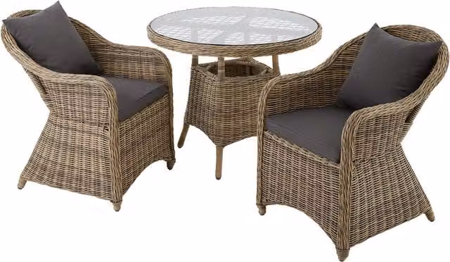tectake Zurich Rattan Garden Bistro Set with 2 Chairs and 1 Table in Beige, Yellow and Brown