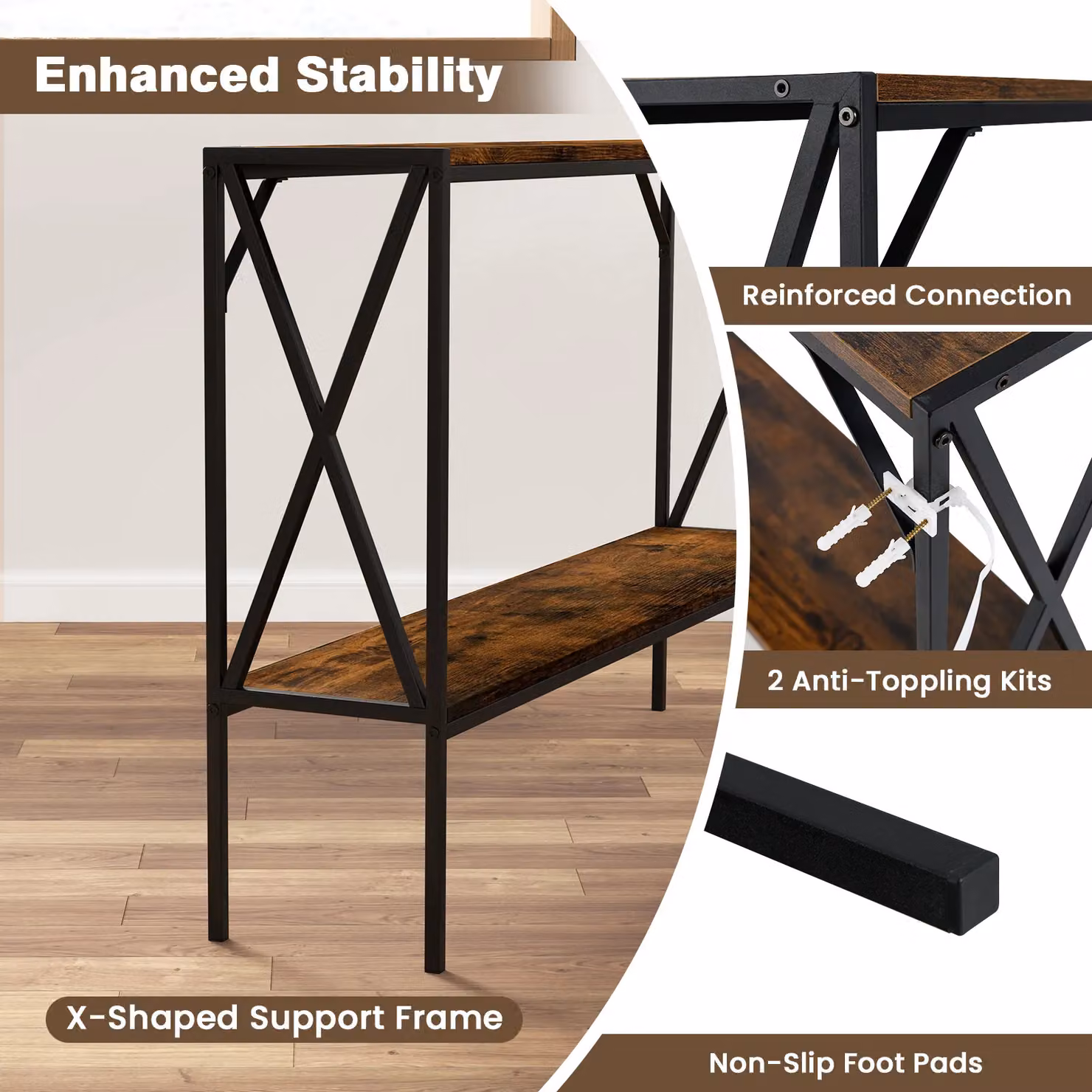 Costway Industrial 2-Tier Narrow Console Table in Brown – 4